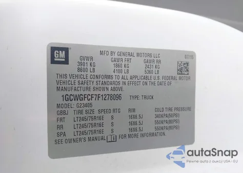 2015 Chevrolet Express 2500 Work Van из США, поврежденный, VIN 1GCWGFCF7F1278096